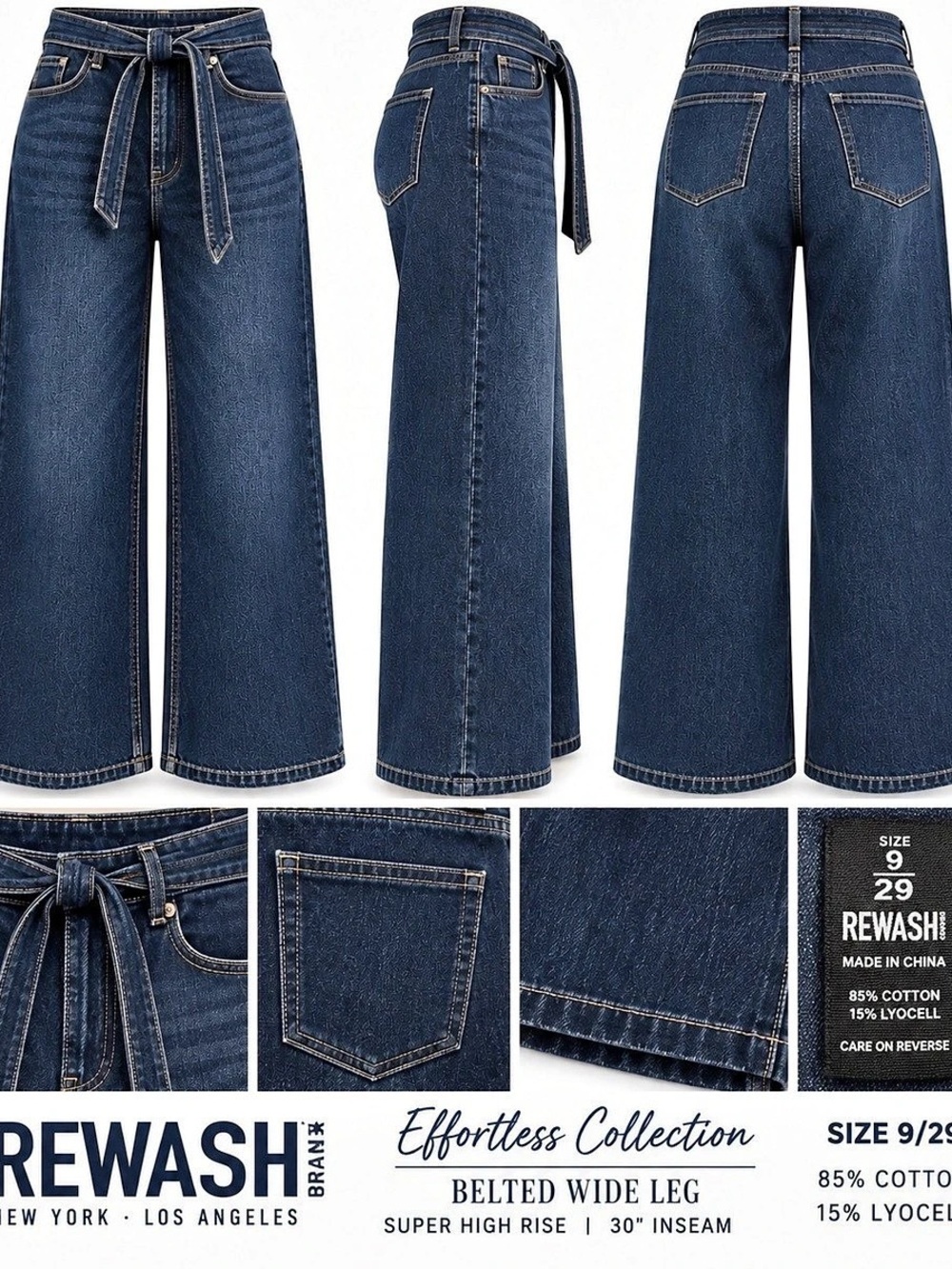 Rewash Effortless Collection Belted Wide Leg Super High Rise Jeans Blue 9/29